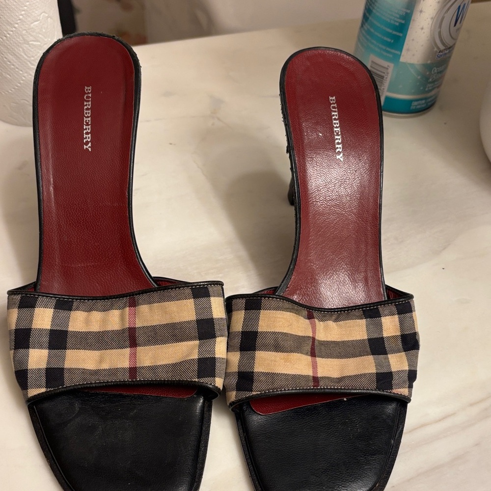 Burberry Black and Tan Plaid Heeled Sandals